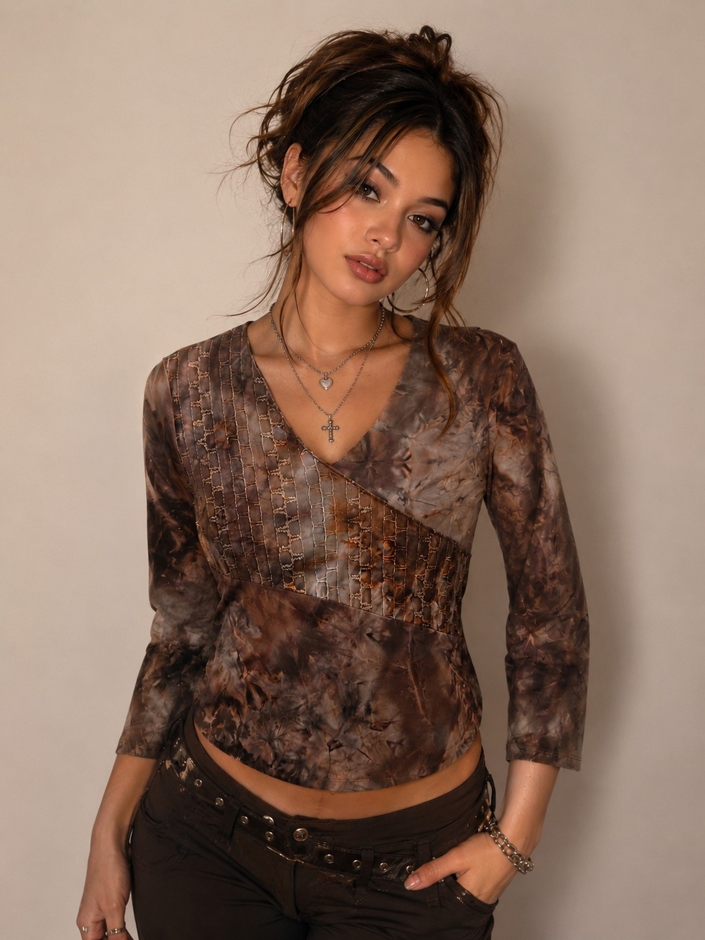 Y2K Brown 3/4 Sleeve Top, V-neck, Vintage, 90's, Gilmore Girls